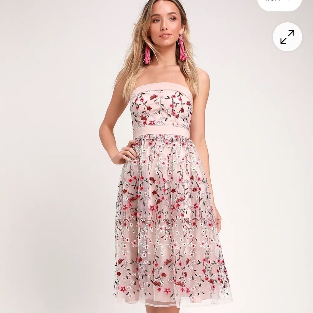 Luluโs Beautiful Day Taupe/Pink Floral Embroidered Dress